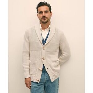 Brooks Brothers Mens Shawl Collar Toggle Cardigan Sweater Cream Cotton Large NEW